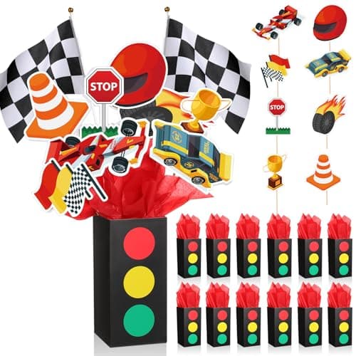 Saypacck 12 Sets Race Car Birthday Party Decorations Race Car Centerpieces for Tables with Traffic Boxes Themed Baby Shower Decoration Cutouts Checkered Flags for Birthday Theme Party Supplies