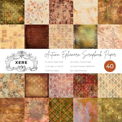 XERE 40 Sheets Autumn Scrapbook Paper 6x6 Ephemera Pattern Paper Pack for Journaling Notebooks Sketchbook Bookmark Making Junk Journal Fall Scrapbook Art Supplies