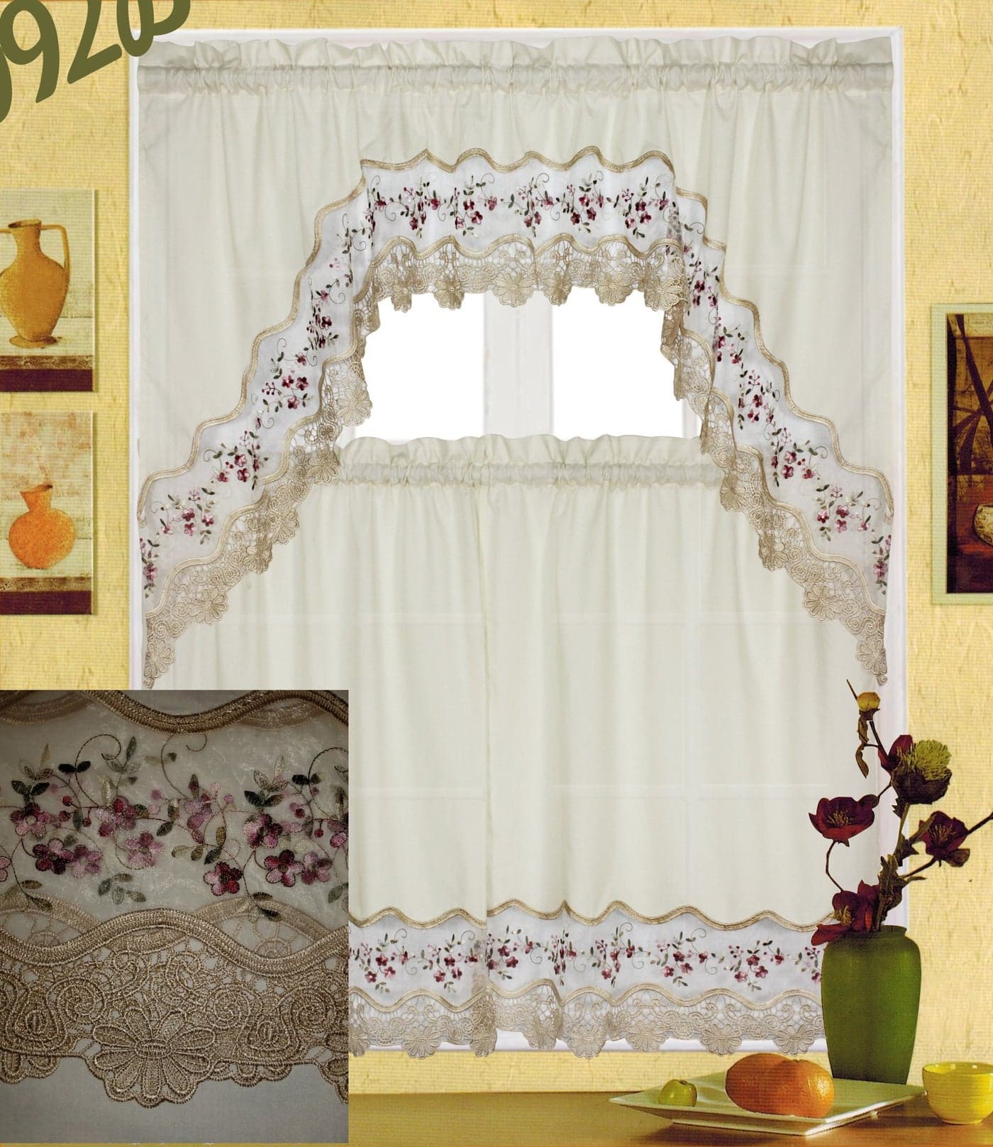 Fancy Collection 3pc Embroidery Floral Kitchen/Cafe Curtain Tier and Valance Set 1092 (Beige/Green)