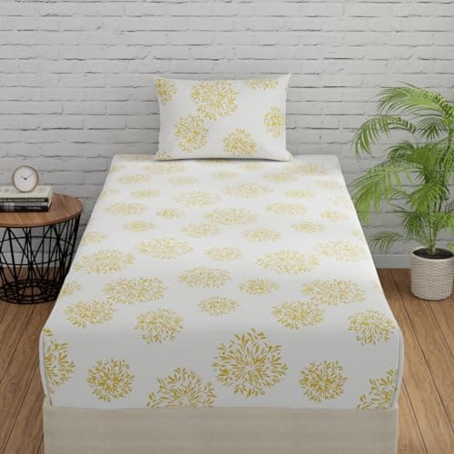 Huesland by Ahmedabad Cotton 144 TC Bed Sheet Single Bed Cotton with Pillow Cover - White (Yellow Print)