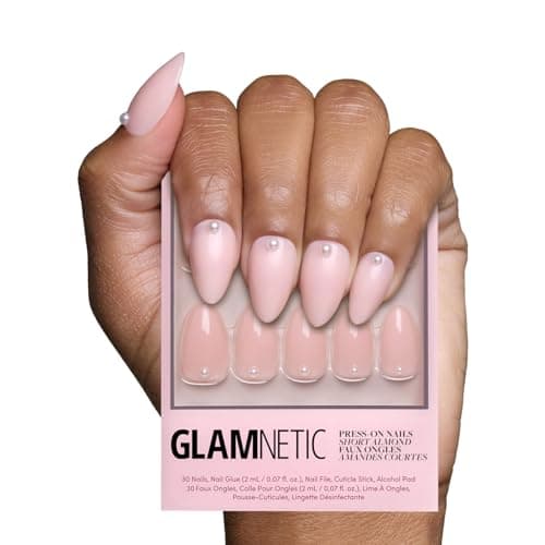 Glamnetic Press On Nails Wifey Short Almond Fake Nails Nude with 3D Nail Art and Glossy Finish Salon Quality 15 Sizes 30 Nail Kit with Glue