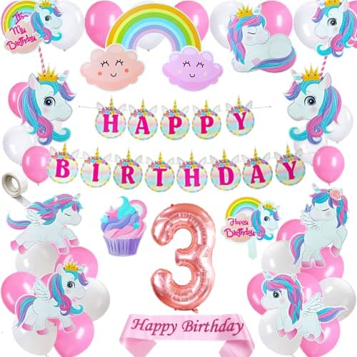 FI - FLICK IN Latex & Paper 49 Pcs Happy Birthday Unicorn Theme Sash Cutouts 3rd Birthday Decoration for Girls (Pack of 49, Pink & White)