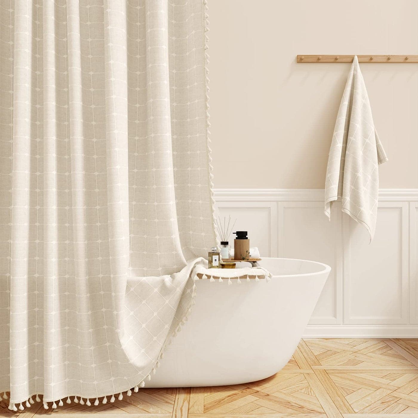 BTTN Boho Farmhouse Shower Curtain Set with Tassel Linen Rustic Heavy Duty Fabric Water Repellent Modern Bohemian French Country Thick Bathroom Shower Curtains CreamBeige 72x72