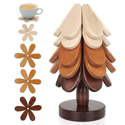 Hinpote Wooden Trivets for Hot Dishes Trivet Tree Christmas Tree Trivet Coasters Set of 5 for Hot Pot Pans Bowls Drinks Plates Table Decor Coaster for Home and Restaurant