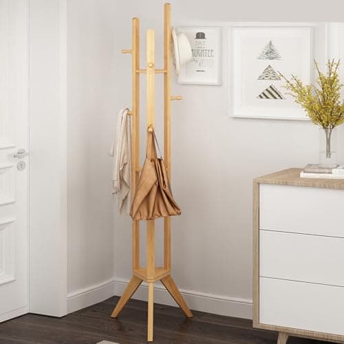 LEOPAX Multipurpose Bamboo Wood Coat Rack Stand with 3 Shelfs & Hooks or Bedroom, Entryway, Livingroom Freestanding Clothes Storage Organizer - (45 x 45 x 167) CM - Beige