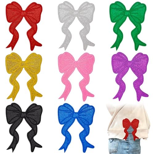 8PCS Glitter Bow Iron On Patches 4x5 Sparkling Rainbow Color Curved Tail Sequin Sweatshirt Side Bow Embroidered Appliques for Clothing Backpacks Jeans Jackets Trucker Hats Bags Denim DIY Crafts
