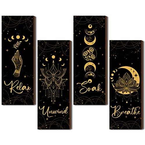 Qunclay 4 Pcs Rustic Boho Wall Decor Moon Phases Wall Art Witchy Room Decor Relax Soak Unwind Breathe Hanging Gothic Minimalist Pediments Farmhouse Moon Sign for Bathroom