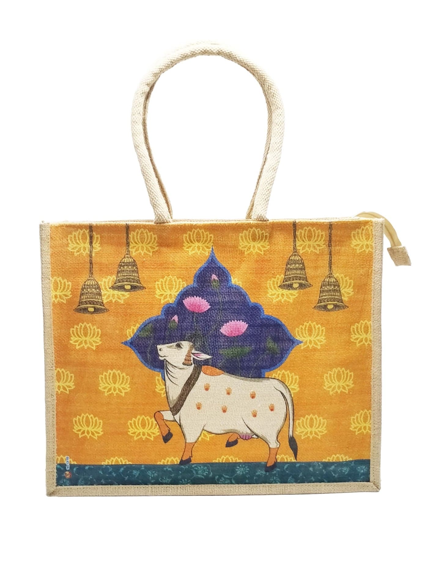 Sangra Multicolor Jute bag for Women and Men Lunch Bag with Zip and Handle (Floral) (Cow)