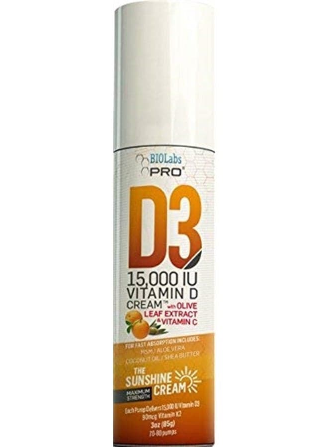 All Natural Vitamin D3 15000IU Vitamin D Cream - Maximum Strength - Fight Vitamin D Deficiency Naturally - with Vitamin K2 & Olive Leaf Extract - Safe & Effective (15,000IU - 3.0oz)