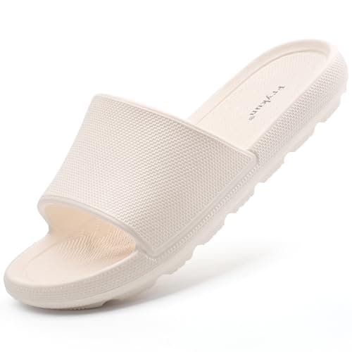 Frykun Slides for Women Shower Shoes Bathroom Slippers Non-slip Waterproof Sandals Flip-flops Perfect for College Dorm Pool Home Beach Camping Gym Coach Bedroom Travel (White 40-41)