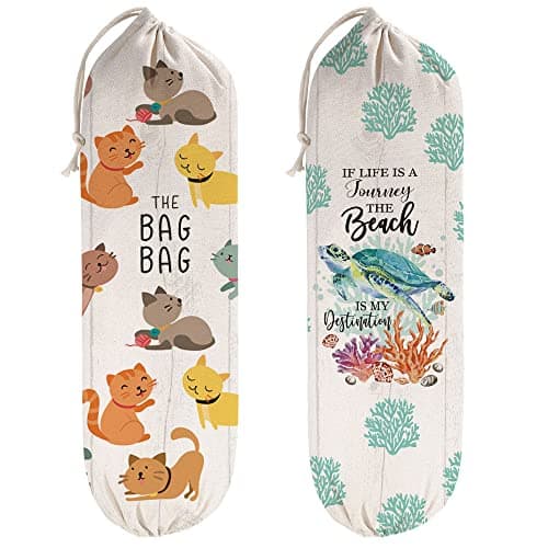 2Pcs Cat Plastic Bag Holder for Kitchen Essentials Reusable Hanging Grocery Bag Organizer Washable Large Grocery Trash Bags Storage Dispenser