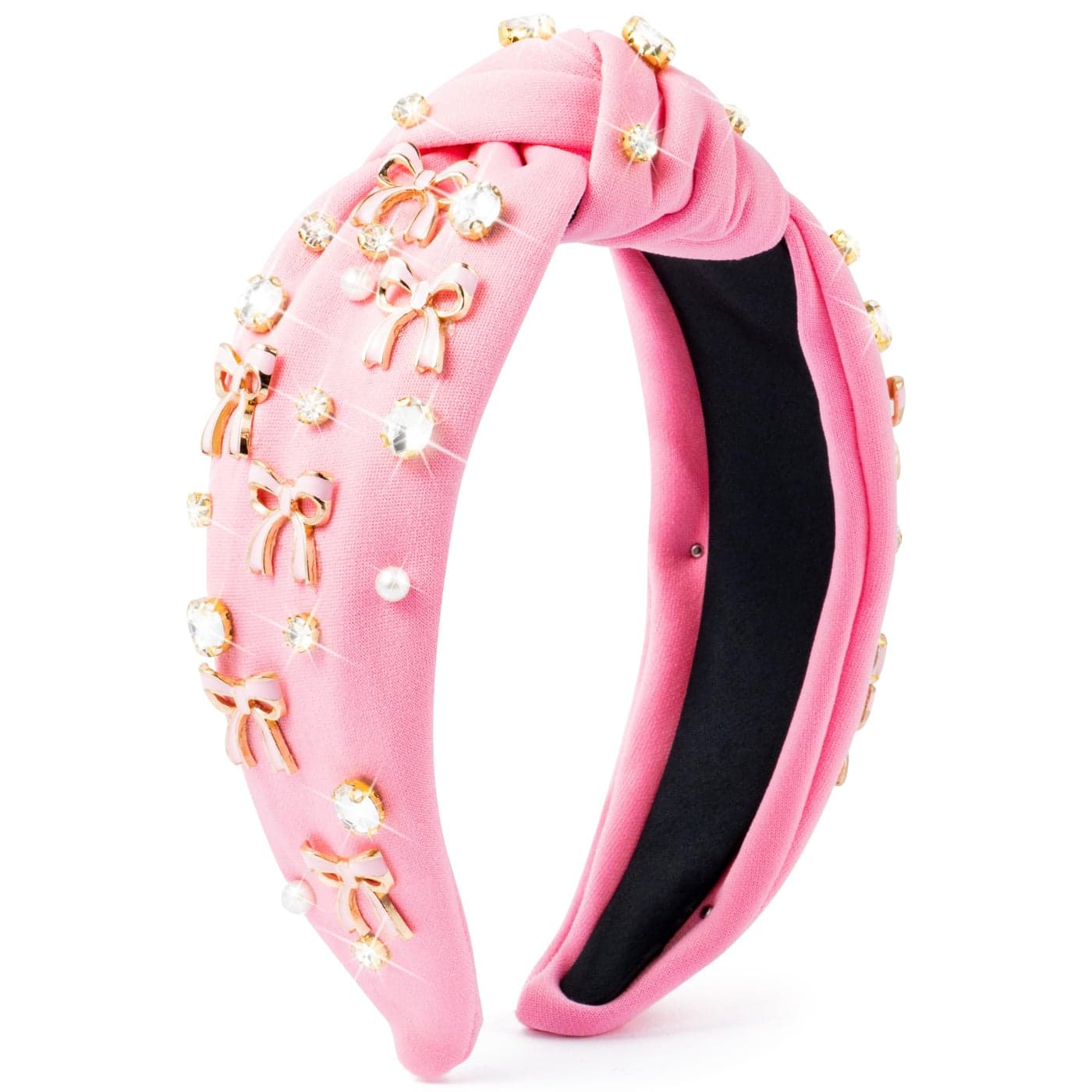 PANTIDE Coquette Pink Bow Jeweled Knotted Headband Rhinestone Crystal Pearl Embellished Preppy Trendy Headband Wide Top Knot Non Slip Fashion Hairband Accessories Birthday Gift for Women Girl Pink