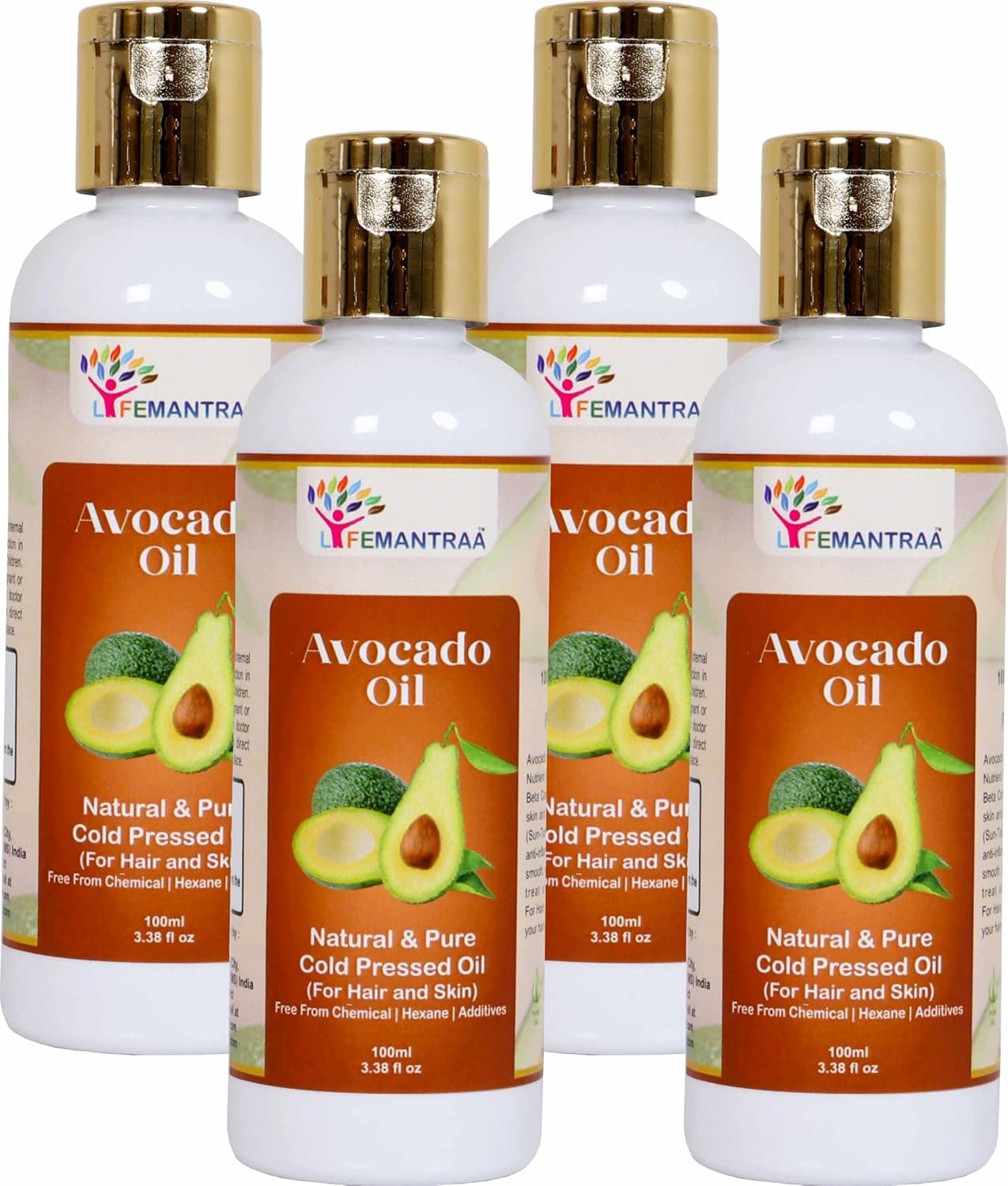 Lifemantraa Natural Pure Cold Pressed Avocado Oil for Hair Face Skin Body Massage 400ml Pack of 4