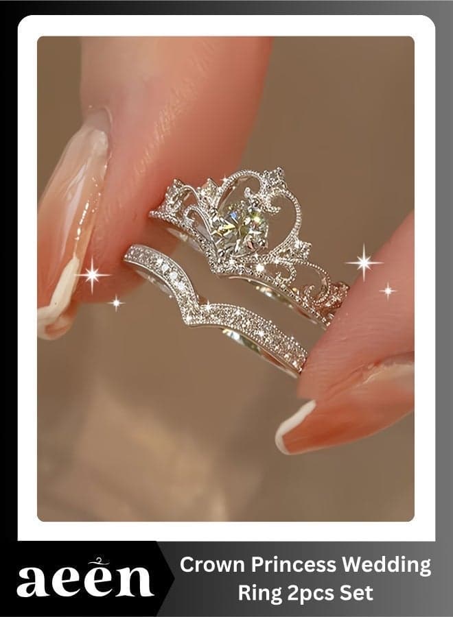 Crown Princess Wedding Ring Set | 2pcs Open Minimalist Rings | Elegant Index Finger Couple Adjustable Rings Gifts Jewelry for Mother, Daughter, Wife, Teens & Friends