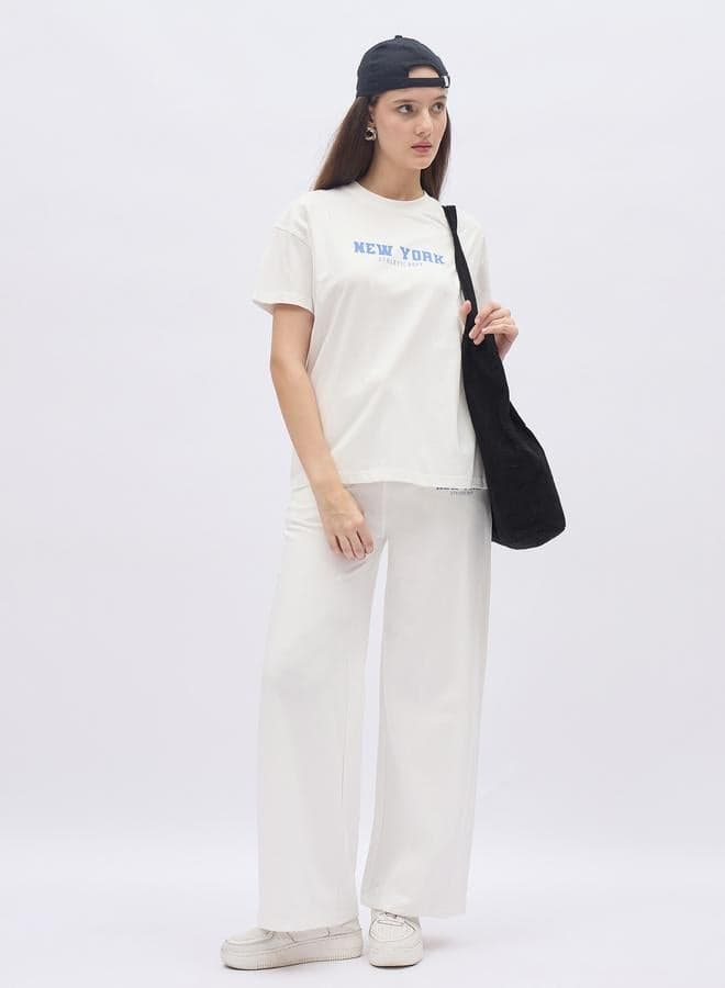 Styli Off White Slogan Print Boxy T-Shirt and Wide Leg Joggers Co-Ords