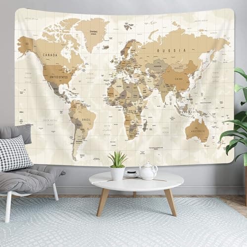 Old World Map Tapestry, Map of World Tapestry Wall Hanging for Kids Students, Vintage Asia Europe America Africa Japan Beige Wall Poster Tapestries for Bedroom Living Room Office Wall Decor, 60X40in