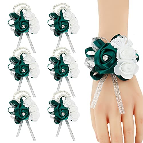 Meldel Wrist Corsage Bracelets for Wedding Mother of Bride and Groom, Green Silk Rose Wrist Hand Prom Flower Ceremony Anniversary,Dinner Party, Homecoming, Set of 6
