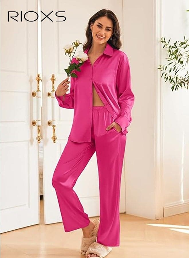 Women's Red Pajama Set, Button-Down Stand Collar Top with Pockets, Flowy Wide-Leg Lounge Pants, Elastic Waist Sleepwear, Soft Long Sleeve Loungewear for Home, Comfortable Two-Piece Outfit