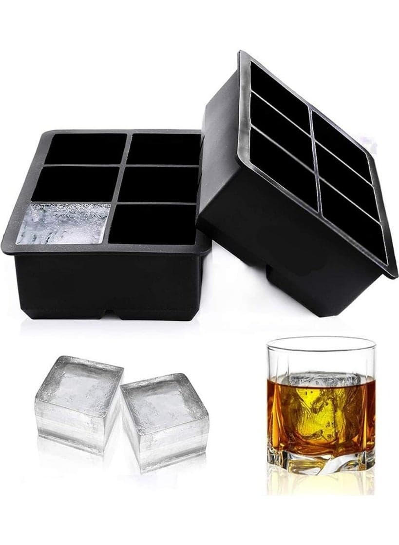 Large Silicone Ice Cube Trays (2-Pack) - 6 Extra-Large Square Molds for Whiskey & Cocktails, BPA-Free & Non-Stick (Black)