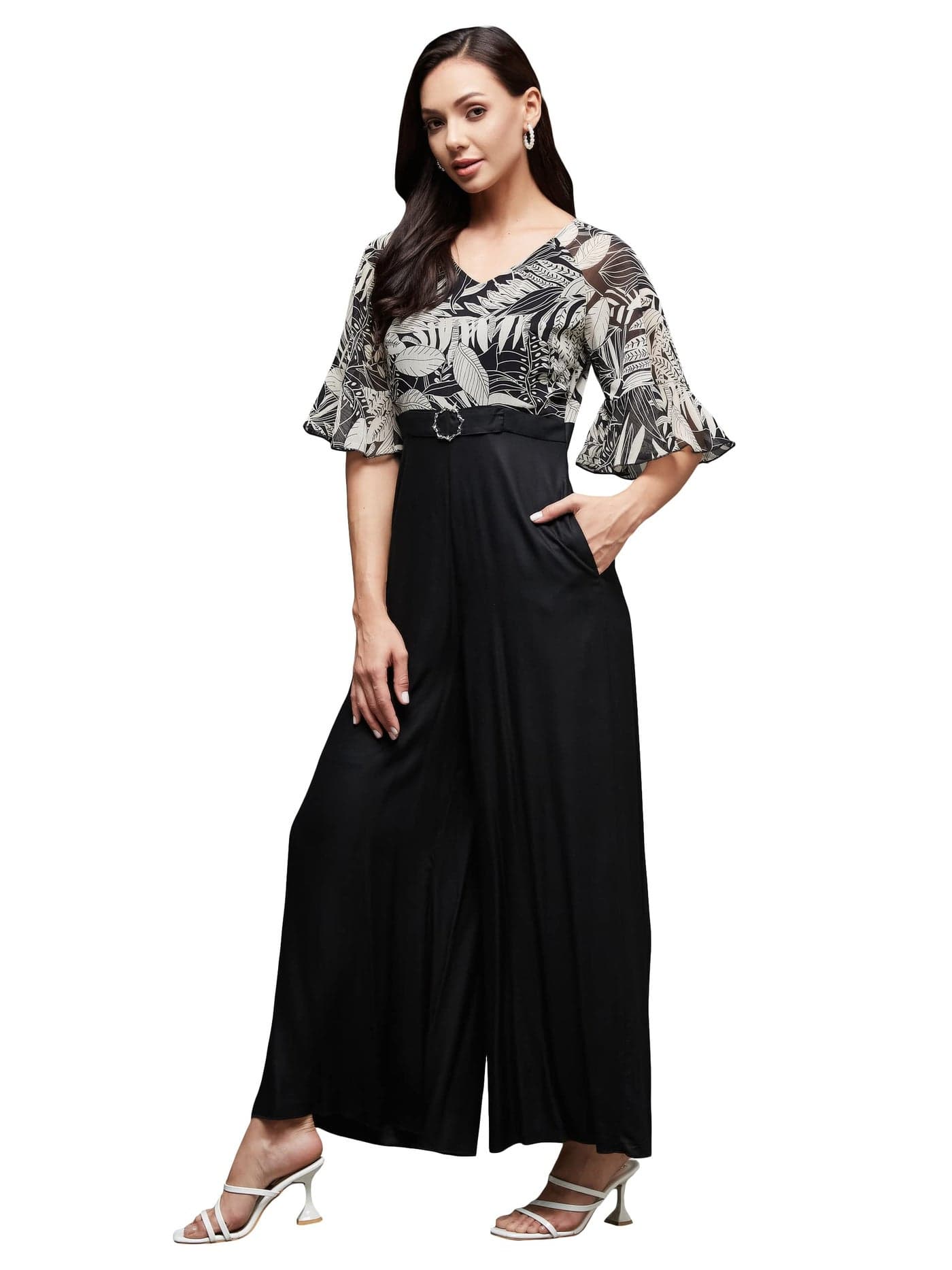 Miss Chase Women's V- Neck Ruffled Sleeve Wide Leg Regular-Length Polyester Printed Jumpsuit (MCSS23D15-62-62-06, Black, XL)