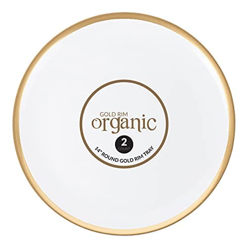 Plasticpro Plastic Serving Trays - Round Serving Platters with Gold Rim 14X14 Disposable Party DishPack of 2