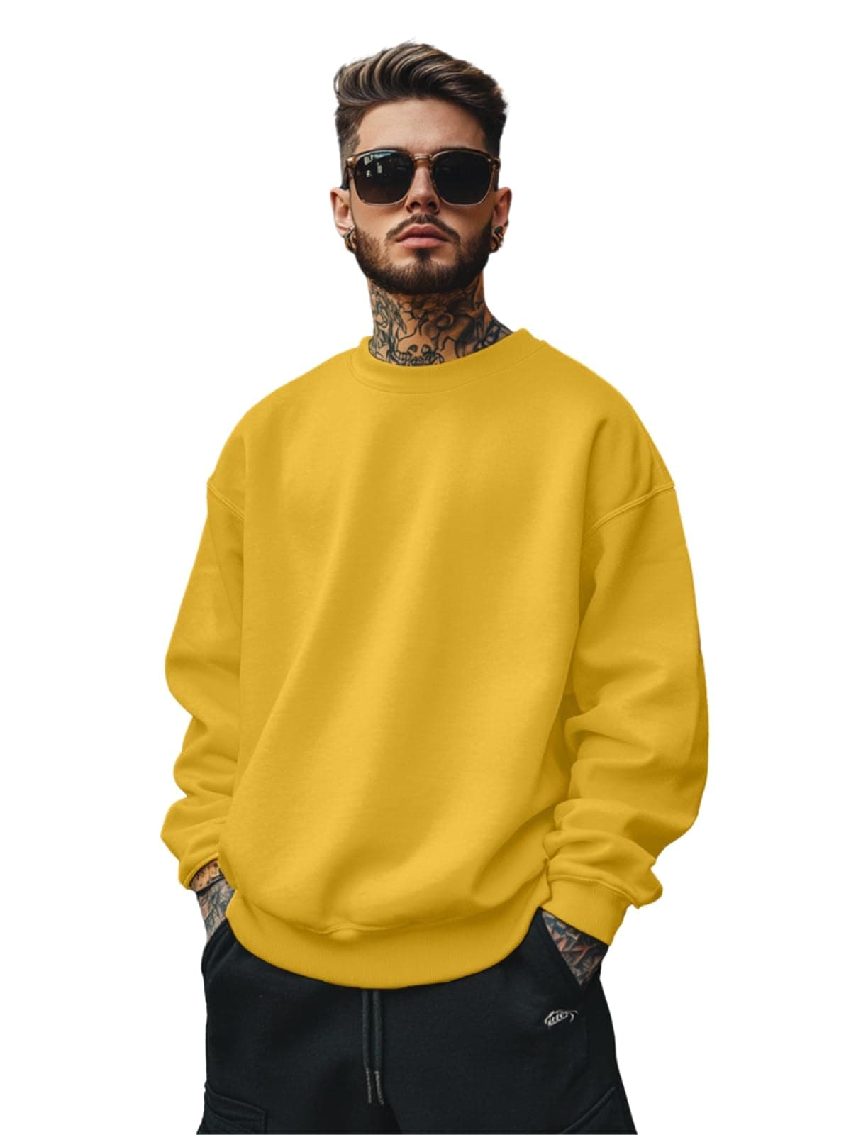 Veirdo® Cotton Polly Fleece Oversized Fit Mustard Solid Sweatshirt for Men (VSS0423MSPL14_S)
