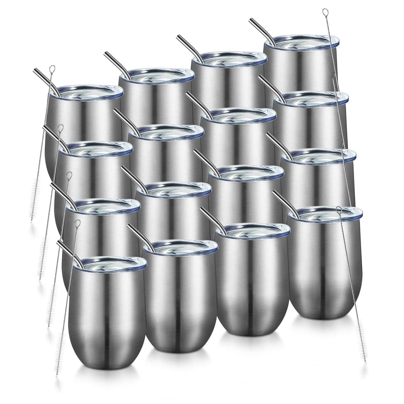 COMOOO 16 Pack 12oz Insulated Wine tumbler with Lid Stainless Steel Stemless Wine TumblerDouble Wall Vacuum Wine Tumbler Cups with Straw for Coffee CocktailsBeerChampaign Silver