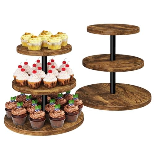 IBUYKE 3 Tier Cupcake Stand,Set of 2,Wood Durable Cupcake Tower,Round Serving Display Stand,Dessert Table Display Tree Tower for Birthday,Home Party, Wedding, Baby Shower,Rustic Brown UTLJ017H-2