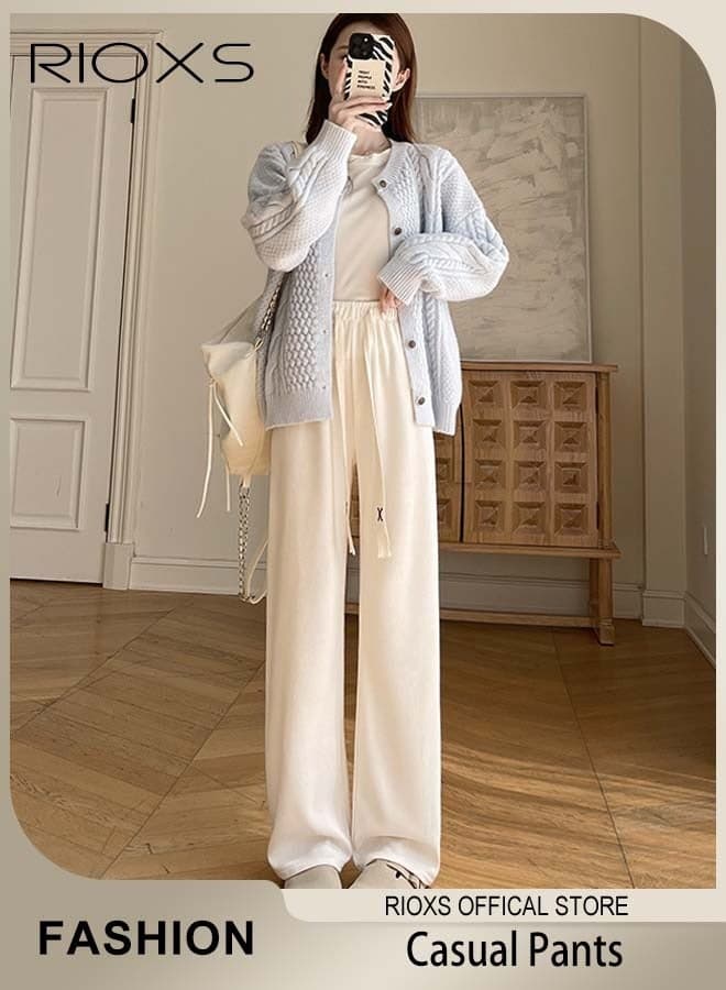 Women's Straight Wide Leg Pants, Vintage Loose Fit Drawstring High Waist Trousers, Soft Comfortable Baggy Pants with Elastic Waist, Stretch Lounge Pants Suitable for Daily Wear and Outdoor Activities, White