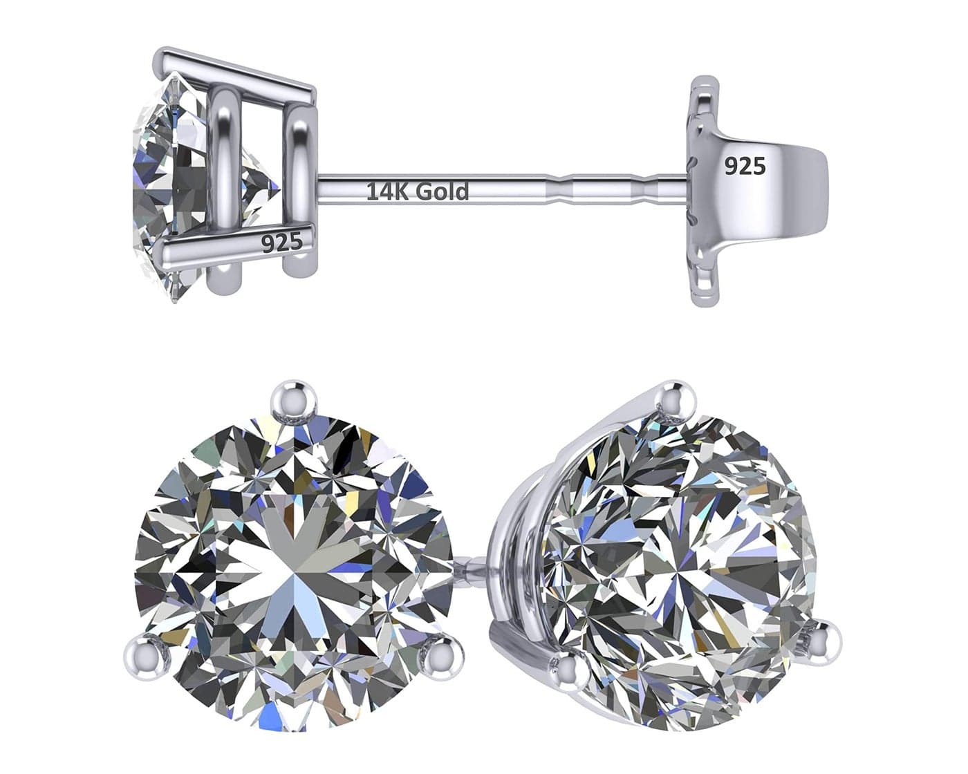 Central Diamond Center 14K Gold Post & Sterling Silver Made with Swarovski Zirconia 3 Prong Martini Stud Earrings - Platinum Plated 7.50mm 3.00cttw