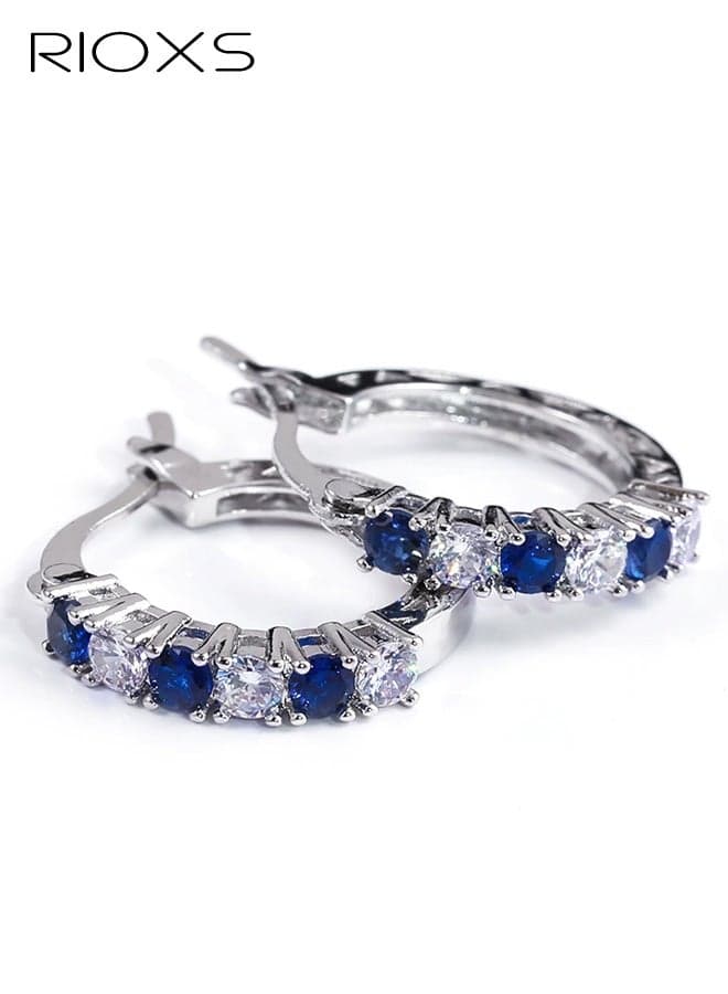 Womens Silver Plated Hoop Earrings, Blue Birthstone Earrings, Oval and Princess Genuine or Synthetic Gemstone Earrings for Ladies, Trendy Rhinestone Hoops Earrings for Birthday Wedding Anniversary