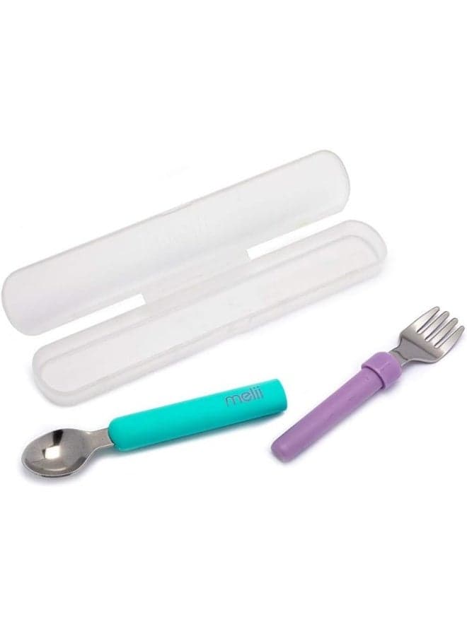Detachable Baby Spoon and Fork Set with Compact Travel Case – BPA Free Soft Grip Utensils for Self Feeding – Portable Spork for On the Go Dining - Blue & Purple