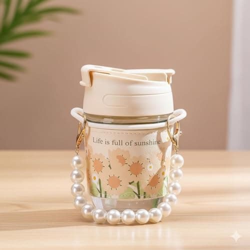 OBLETTER Cute Glass Water Bottle with Pearl Strap & Charm, 400ml Leakproof Aesthetic Portable Drinking Bottle with Straw for Girls, Women, Office, Gym, Travel
