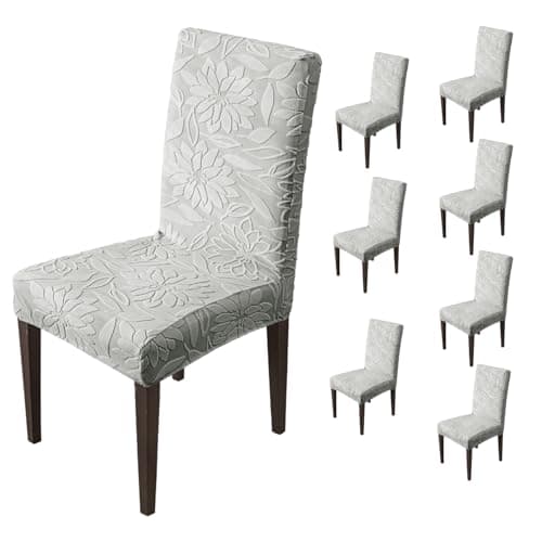 House of Quirk Stretchy Universal Camellia Jacquard Waterproof Chair Cover Removable & Washable Short Dining Chair Cover Protector Seat Slipcover (Dark Grey,Pack of 8)