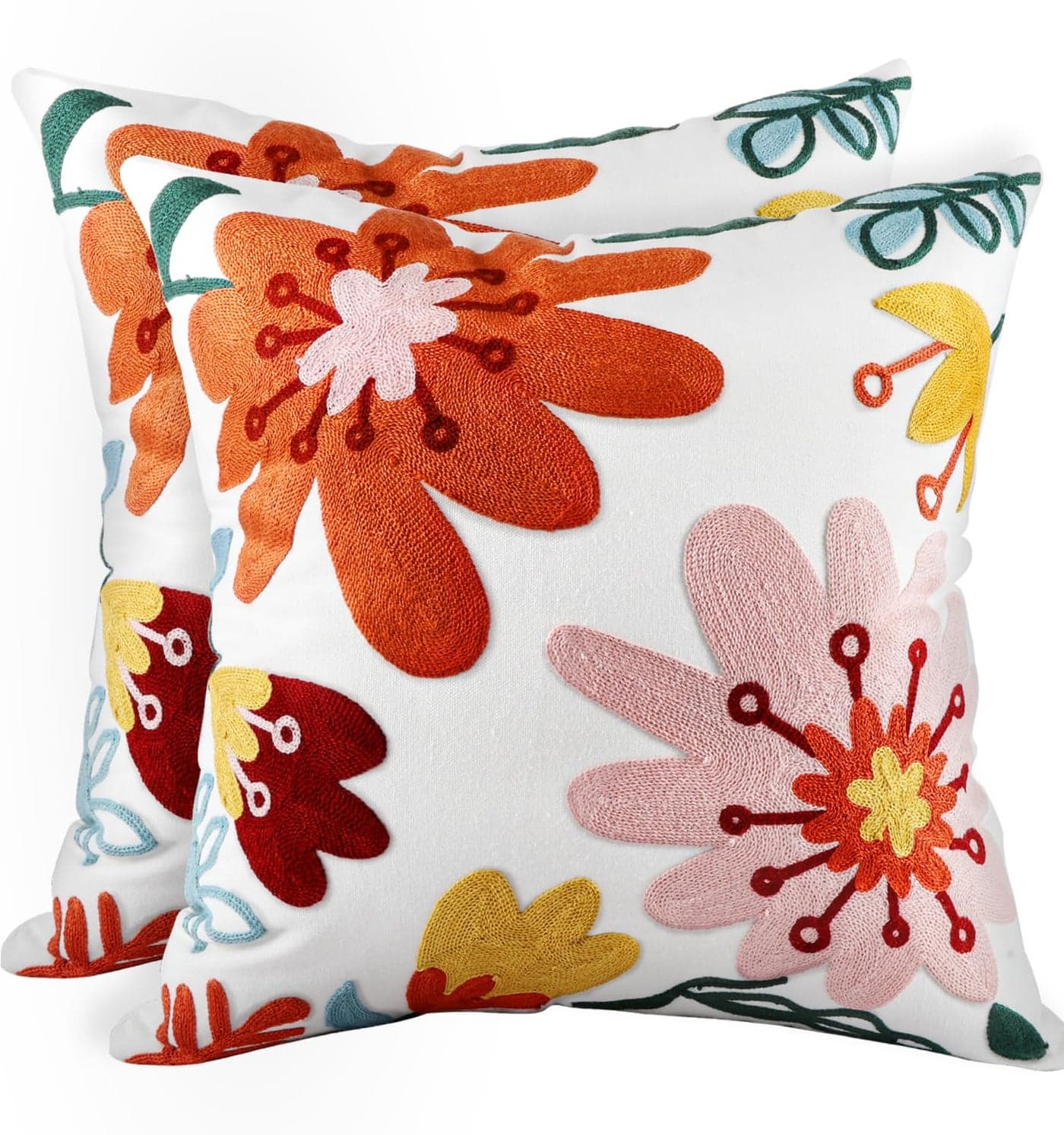 Kokaaee Embroidered Throw Pillow Covers 18x18 Inch - Set of 2 Summer Decorative Pillow Covers with Zipper Aesthetic Cute Design Throw Pillowcases for Couch Sofa Bed, Colorful Flowers