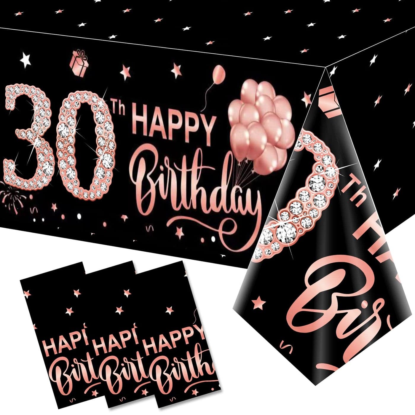 3 Pack Rose Gold Happy Thirty Table Cover 30th Birthday Party Supplies Plastic Disposable Rectangular Table Cloth Decor