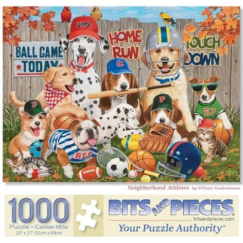 Bits and Pieces 1000 Piece Puzzles for Adults Neighborhood Athletes Large 20 x 27 Jigsaw Puzzles 1000 Pieces Sports Dogs Football Baseball No 2 Pieces Alike