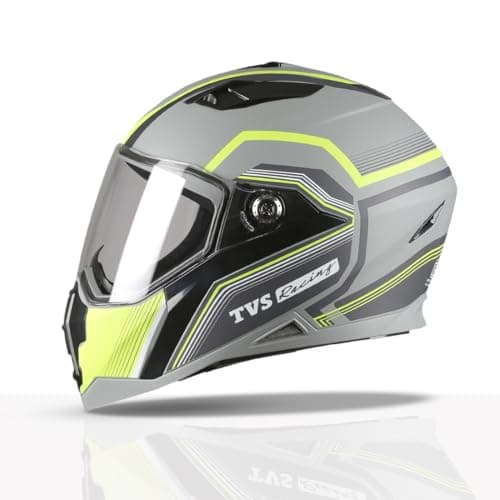 TVS Racing Anti Matter FullFace Helmet for Bike & Motorcycle Riders-DOT &ISI Certified-Lightweight ABS Shell,UV Resistant-Ventilated Comfort Liner,Quick-Release Visor &Chin Strap(Grey & Neon/M)
