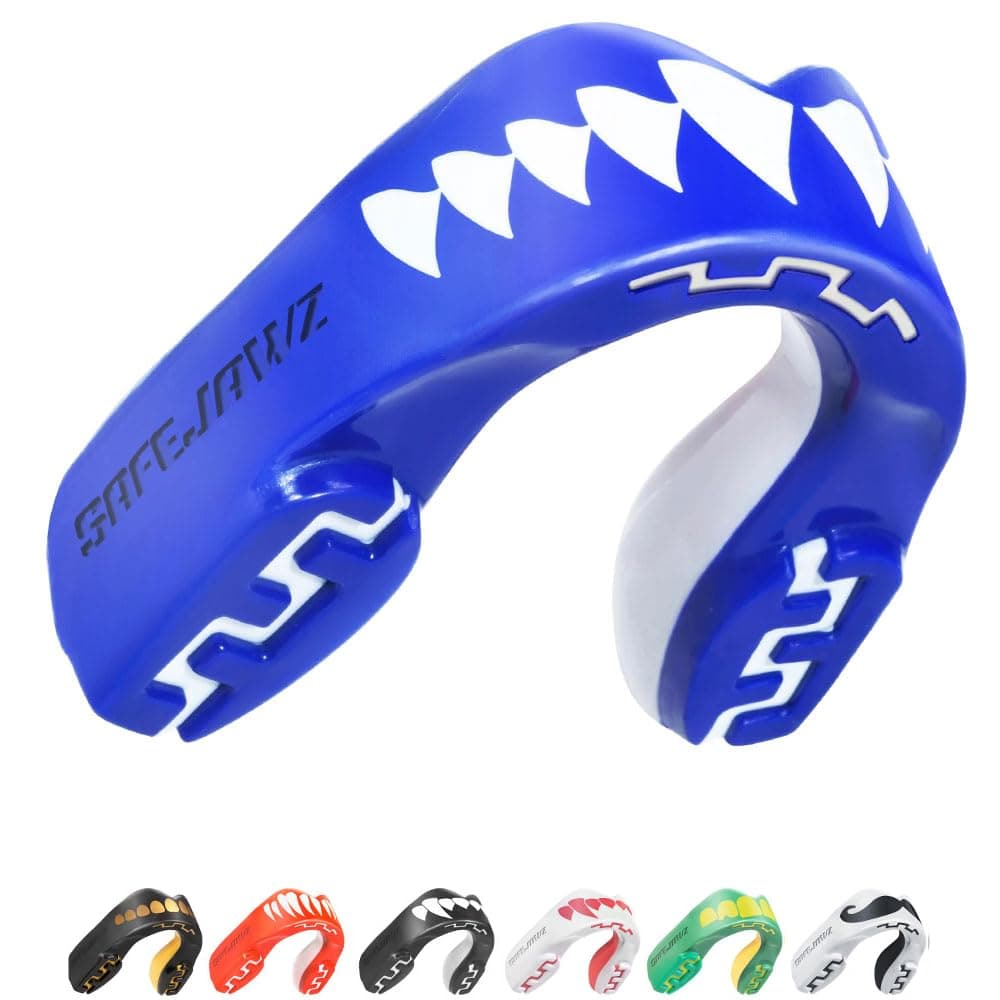 SafeJawz Sports Mouthguard, Dual Layer Premium Protection Mouth Guard with Case for Boxing, Basketball, Lacrosse, Football, Martial Arts, Hockey and All Contact Sports (Junior <11 Years, Shark)