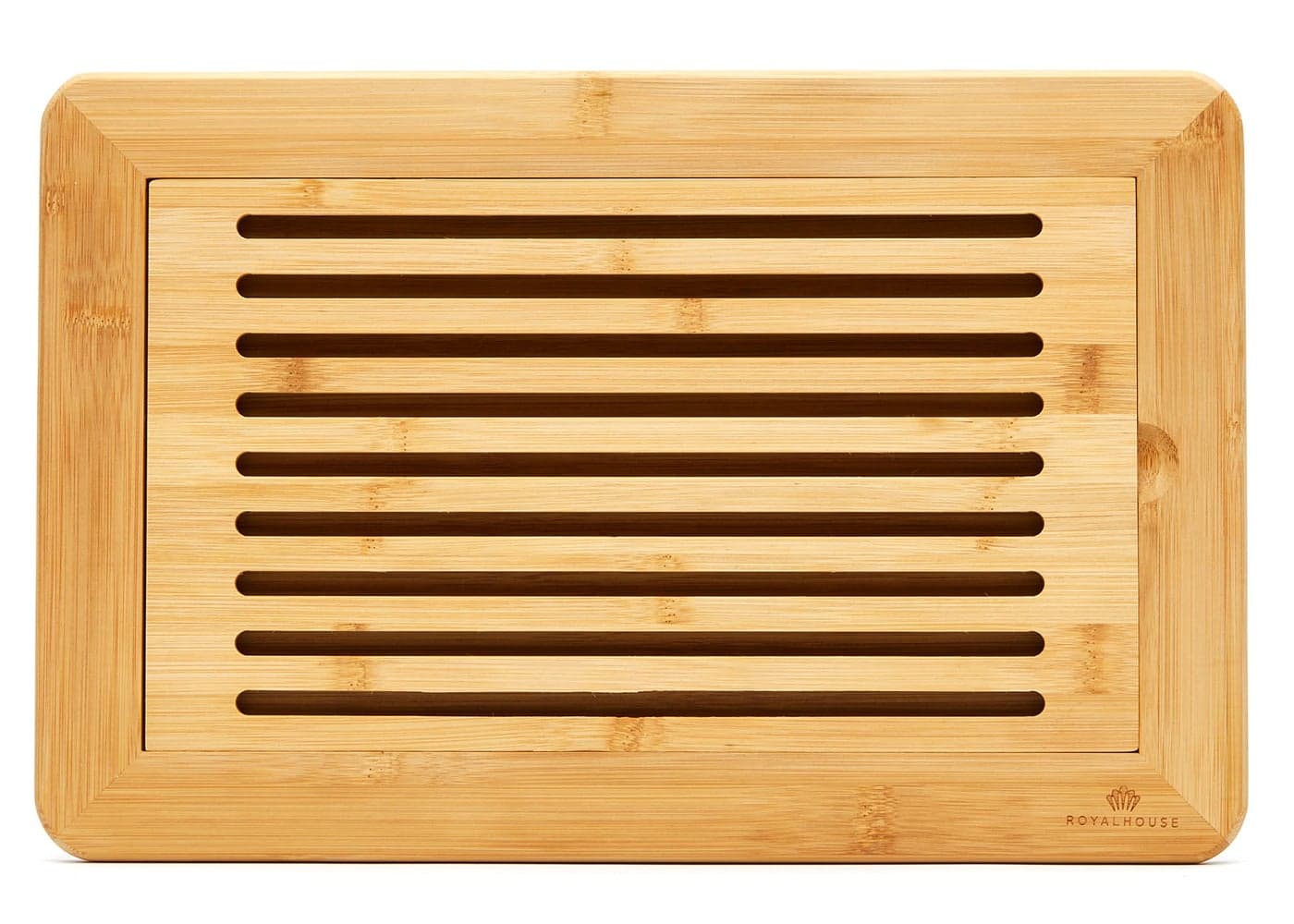 RoyalHouse Large Premium Natural Bamboo Bread Cutting Board with Crumb Tray Bread Serving Tray for Kitchen