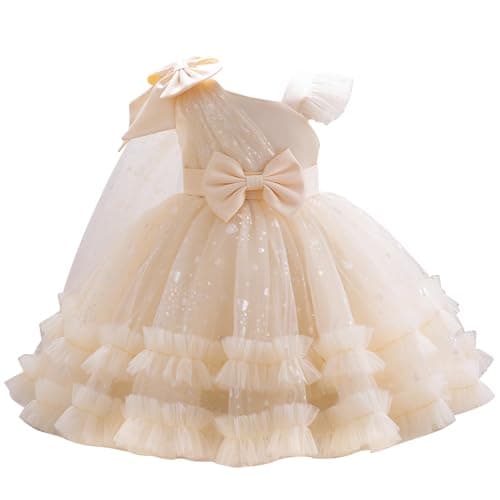 OBEEII Flower Girl Dress for Toddler Baby Girl Sequins Heart Tulle Dress Bowknot Princess Party Christmas Photoshoot Dress Wedding Kids Formal Dance Ball Prom Gown Champagne 7-8 Years