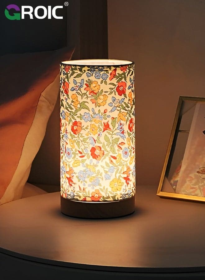 Bedside Touch Lamp with USB Ports, Modern 3 Way Dimmable Small Lamp with Flower Fabric Shade, Nightstand Lamp for Living Room, Bedroom, Kids' Room Decoration