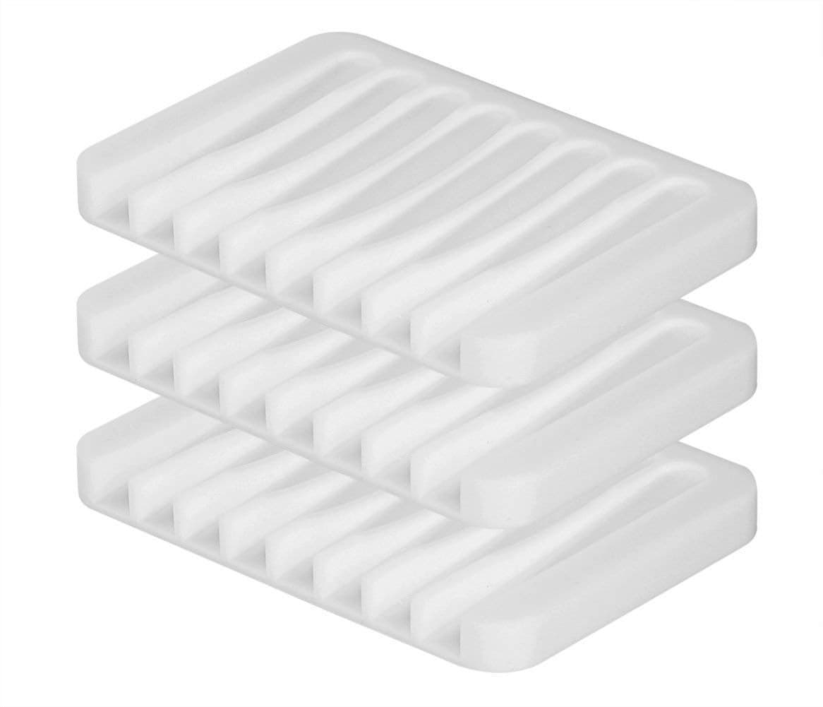 we3 Silicone Soap Dish Tray | Self Draining Waterfall Design | Flexible Soap Holder for Bathroom Kitchen Countertop | White | Pack of 3