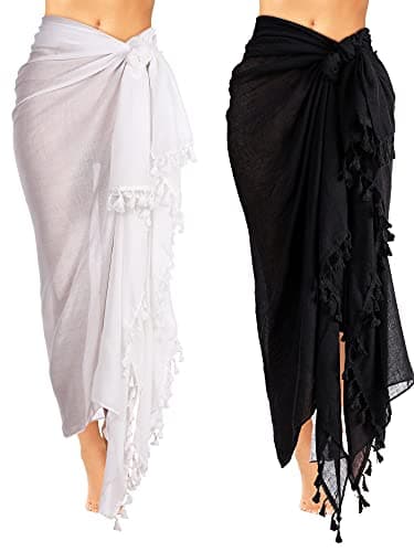 Boao 2 Pieces Women Beach Batik Long Sarong Swimsuit Cover up Wrap Pareo with Tassel for Women Girls (Black, White, Medium)