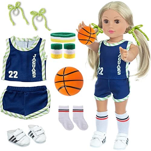 18 Inch Doll Clothes and Accessories Basketball Clothes Sports Set Designed for 18 Inch Girl Doll Include Doll Clothes Hair Bands Bracers Shoes Socks and Basketball