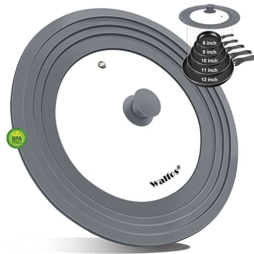 Universal Lid for Pots, Pans and Skillets - Walfos Tempered Glass Pan Lid with Heat Resistant Silicone Rim, BPA Free Large Pot Lids Fits 8" to 12" Diameter Cookware, Dishwasher-Safe, Grey