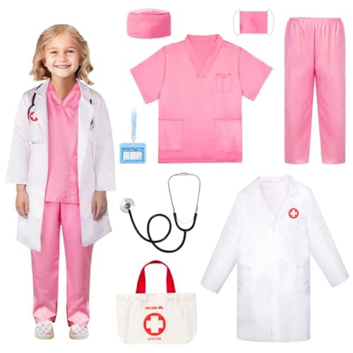 Meland Doctor Costume for Girls Kids Scrubs with Lab Coat Carry Bag Doctor Dress Up for Halloween Career Day Role PlayPink78 Years