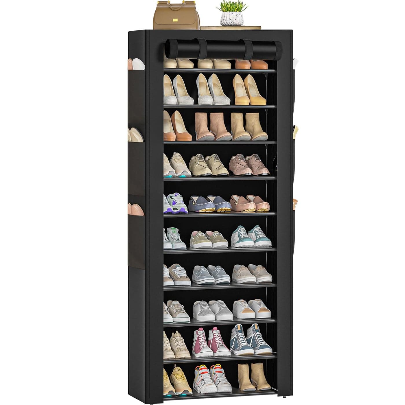 OYREL Large Shoe Rack Black 6 Side Pockets 236 Wide x 114 Deep x 689 Tall 3641 Pairs of Shoes