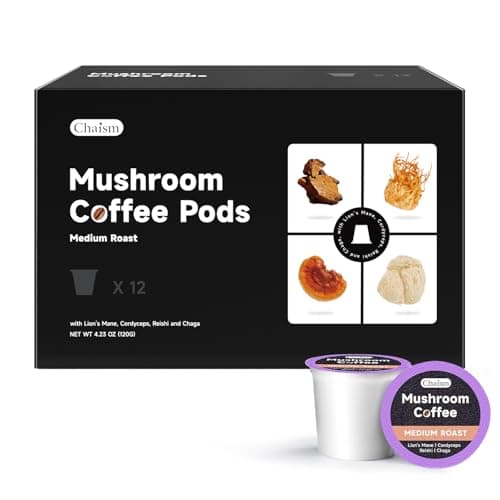 Chaism Mushroom Coffee Pods - Arabic Coffee with Lions Mane, Cordyceps, Reishi, Chaga for Focus & Energy Boost, Sugar-Free, Fat-Free,12 K Cups (12 Counts, Medium Roast)