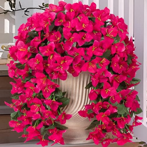 INXUGAO 2 pcs Artificial Faux Bougainvillea Flowers Plants for Outdoor Outside Summer Decoration, Fake Silk UV Resistant Long Trailing Vines for Front Door Porch Planter Balcony (Purple Rose Red)